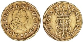 SPANISH MONARCHY: FERDINAND VI
1/2 Escudo. 1755. MADRID. J.B. 1,75 grs. Cal-252. MBC-/MBC.