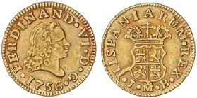 SPANISH MONARCHY: FERDINAND VI
1/2 Escudo. 1756. MADRID. J.B. 1,77 grs. Ligera pátina anaranjada. Cal-254. MBC.