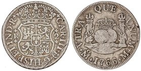 SPANISH MONARCHY: CHARLES III
2 Reales. 1766. MÉXICO. M. 6,57 grs. Columnario. Rayita en anverso. Cal-1331. MBC-.