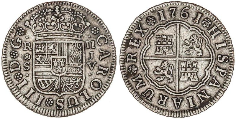 SPANISH MONARCHY: CHARLES III
2 Reales. 1761. SEVILLA. J.V. 5,84 grs. Pátina. C...