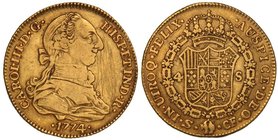 SPANISH MONARCHY: CHARLES III
4 Escudos. 1774/3. SEVILLA. C.F. 13,48 grs. Sobrefecha solo visible en la parte superior del 4. (Rayas en anverso). Cal...