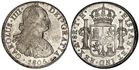 SPANISH MONARCHY: CHARLES IV
8 Reales. 1805. MÉXICO. T.H. Restos brillo original. (Pequeñas rayitas en anverso). Cal-703. EBC-.