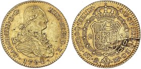 SPANISH MONARCHY: CHARLES IV
2 Escudos. 1794. MADRID. M.F. 6,75 grs. (Restos de pintura negra en reverso). Cal-328. MBC+.