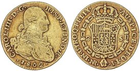 SPANISH MONARCHY: CHARLES IV
2 Escudos. 1802. NUEVO REINO. J.J. 6,58 grs. Cal-421. MBC-.