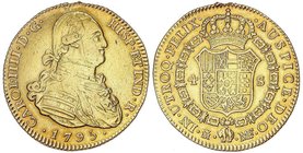 SPANISH MONARCHY: CHARLES IV
4 Escudos. 1795. MADRID. M.F. 13,30 grs. (Limpiada. Restos de soldadura en canto). Cal-204. (MBC+).
