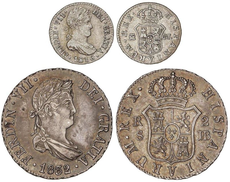 SPANISH MONARCHY: FERDINAND VII
Lote 2 monedas 1/2 y 2 Reales. 1816 y 1832. MAD...