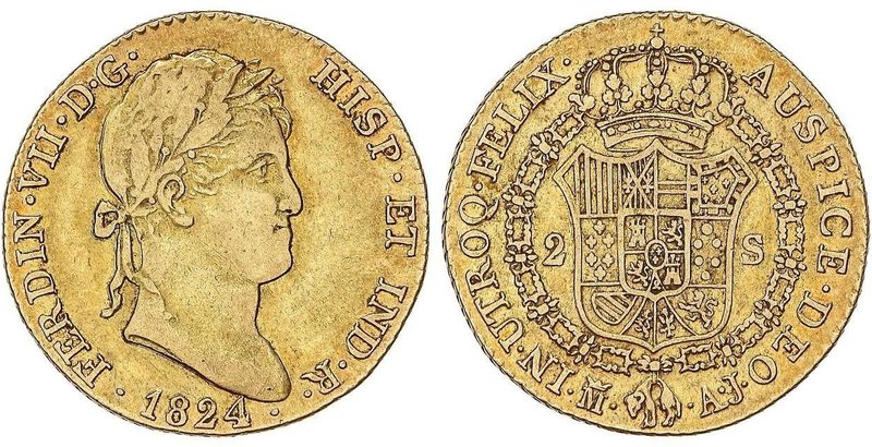 SPANISH MONARCHY: FERDINAND VII
2 Escudos. 1824. MADRID. A.J. 6,72 grs. Cal-221...