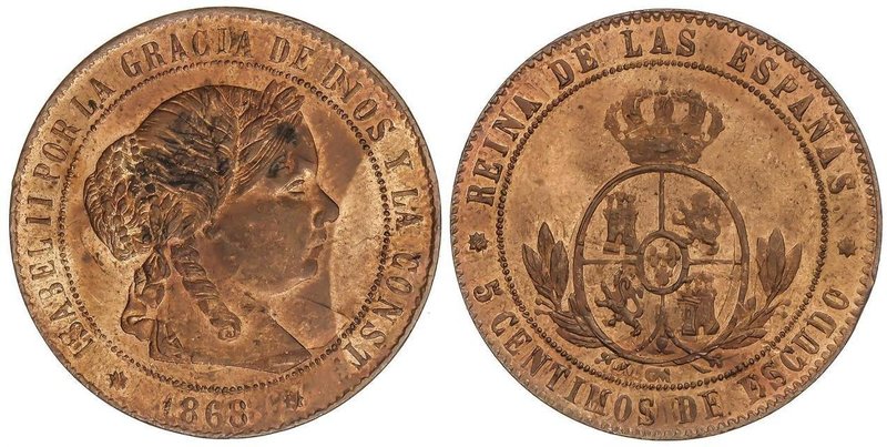 SPANISH MONARCHY: ELISABETH II
5 Céntimos de Escudo. 1868. BARCELONA. O.M. 11,8...