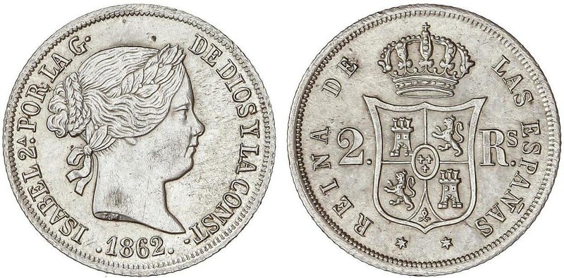 SPANISH MONARCHY: ELISABETH II
2 Reales. 1862. MADRID. 2,63 grs. Cal-371. EBC.