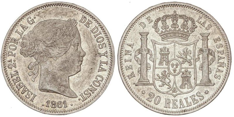 SPANISH MONARCHY: ELISABETH II
20 Reales. 1861. MADRID. 25,87 grs. Restos de br...