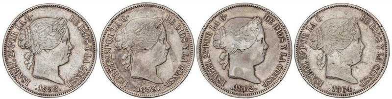 SPANISH MONARCHY: ELISABETH II
Lote 4 monedas 20 Reales. 1858, 1859, 1862 y 186...