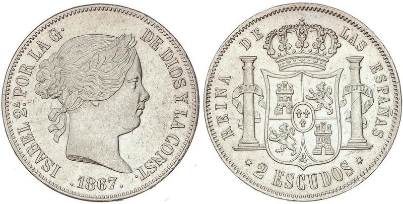 SPANISH MONARCHY: ELISABETH II
2 Escudos. 1867. MADRID. 25,89 grs. (Pequeños go...