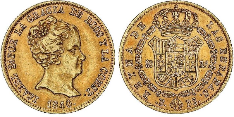 SPANISH MONARCHY: ELISABETH II
80 Reales. 1840. BARCELONA. P.S. 6,75 grs. Pátin...