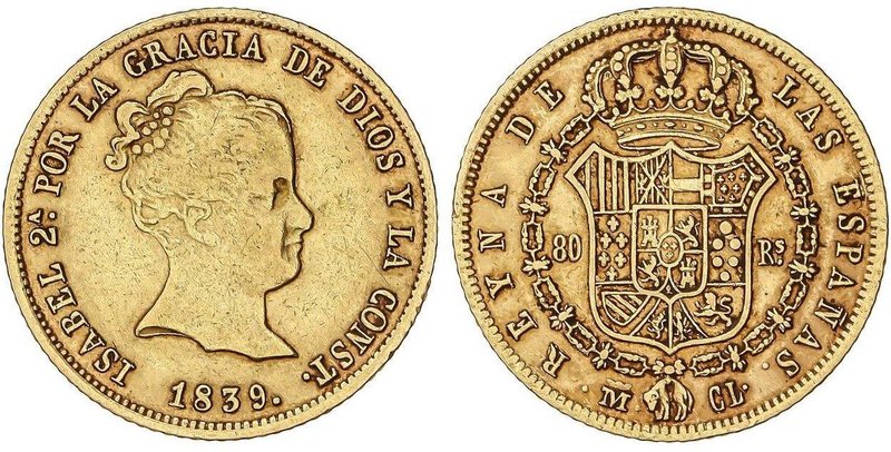 SPANISH MONARCHY: ELISABETH II
80 Reales. 1839. MADRID. C.L. 6,73 grs. MUY ESCA...