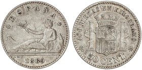 PESETA SYSTEM: PROVISIONAL GOVERNMENT AND I REPUBLIC
50 Céntimos. 1869 (*6-9). S.N.-M. MBC.