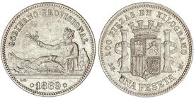 PESETA SYSTEM: PROVISIONAL GOVERNMENT AND I REPUBLIC
1 Peseta. 1869. S.N.-M. Leyenda GOBIERNO PROVISIONAL. Restos de brillo original. EBC.