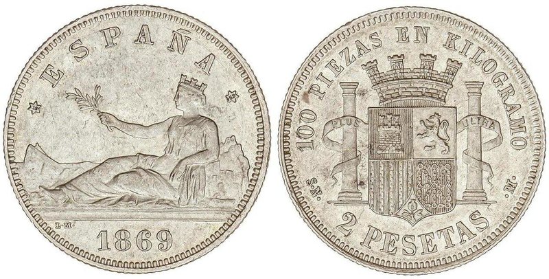 PESETA SYSTEM: PROVISIONAL GOVERNMENT AND I REPUBLIC
2 Pesetas. 1869 (*18-69). ...