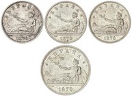 PESETA SYSTEM: PROVISIONAL GOVERNMENT AND I REPUBLIC
Lote 4 monedas 1 (3), 2 Pesetas. 1870 (*18-70). S.N.-M. A EXAMINAR. MBC+ a EBC-.