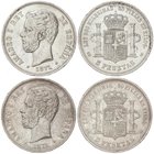 PESETA SYSTEM: AMADEO I
Lote 2 monedas 5 Pesetas. 1871 (*18-71) y (*18-74 ). S.D.-M., D.E.-M. A EXAMINAR. EBC- y (EBC).