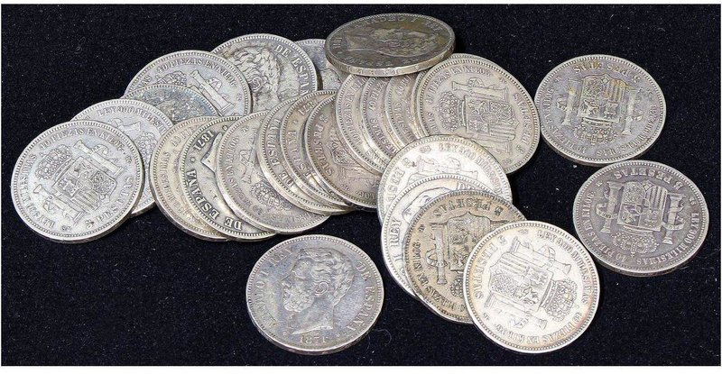 PESETA SYSTEM: AMADEO I
 Lote 25 monedas 5 Pesetas . 1871 (*71, 74, 75) . Mayor...