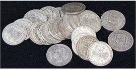PESETA SYSTEM: AMADEO I
 Lote 25 monedas 5 Pesetas . 1871 (*71, 74, 75) . Mayoría de estrellas visibles. A EXAMINAR. BC+ a MBC .