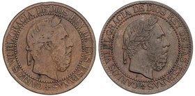 PESETA SYSTEM: CHARLES VII Pretender
 Lote 2 monedas 10 Céntimos . 1875 . BRUSELAS . Anverso y Reverso coincidentes, tipo medalla. La de mbc- reverso...