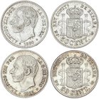 PESETA SYSTEM: ALFONSO XII
Lote 2 monedas 50 Céntimos. 1880 (*8-0) y 1885 (8-6). M.S.-M. (Limpiadas). (EBC).