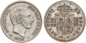 PESETA SYSTEM: ALFONSO XII
10 Centavos de Peso. 1885. MANILA. Bonita pátina irregular en el reverso. EBC/EBC+.