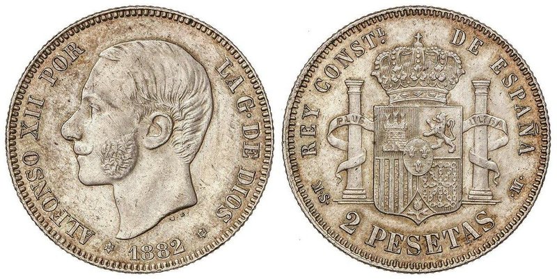 PESETA SYSTEM: ALFONSO XII
2 Pesetas. 1882 (*18-82). M.S.-M. Bonita pátina. Res...