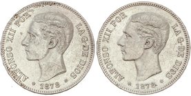 PESETA SYSTEM: ALFONSO XII
Lote 2 monedas 5 Pesetas. 1878 (*18-78). D.E.-M. y E.M./D.E.-M. (Oxidaciones limpiadas en canto). A EXAMINAR. VS-85, 85.1....