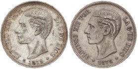 PESETA SYSTEM: ALFONSO XII
Lote 2 monedas 5 Pesetas. 1878 y 1879. 1878 (*18-78) E.M.-M. y 1879 (*18-79) E.M.-M. La de 1878 con pátina original. EBC- ...