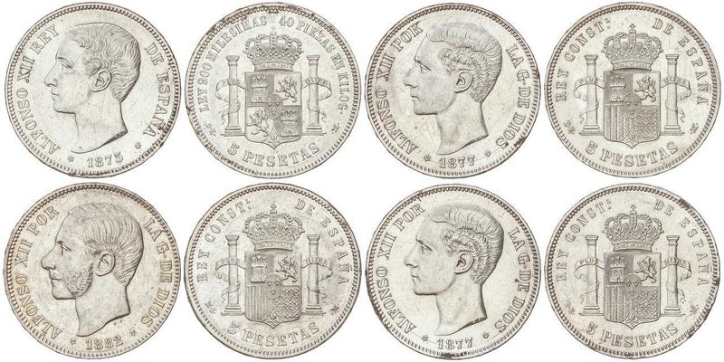 PESETA SYSTEM: ALFONSO XII
Lote 4 monedas 5 Pesetas. 1875, 1877 (2), 1882. (Lig...