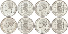 PESETA SYSTEM: ALFONSO XII
Lote 4 monedas 5 Pesetas. 1875, 1877 (2), 1882. (Ligeras rayitas de limpieza). A EXAMINAR. EBC- a EBC.
