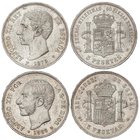PESETA SYSTEM: ALFONSO XII
Lote 2 monedas 5 Pesetas. 1875 y 1885. 1875 (*18-75) D.E.-M. restos de brillo original (leves rayitas y golpecito en gráfi...