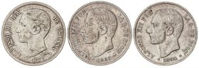 PESETA SYSTEM: ALFONSO XII
Lote 3 monedas 5 Pesetas. 1875, 1884 y 1885. M.S./D.E.-M. 1875 variante oreja rayada, 1884 y 1885 M.S./D.E.-M. con correcc...