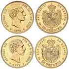 PESETA SYSTEM: ALFONSO XII
Lote 2 monedas 25 Pesetas. 1877 y 1878. 1877 (*18-77) D.E.-M. y 1878 (*18-78) E.M.-M. Restos de brillo original. EBC+.