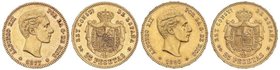 PESETA SYSTEM: ALFONSO XII
Lote 2 monedas 25 Pesetas. 1877 (*18-77) D.E.-M. y 1880 (*18-80) M.S.-M. EBC.