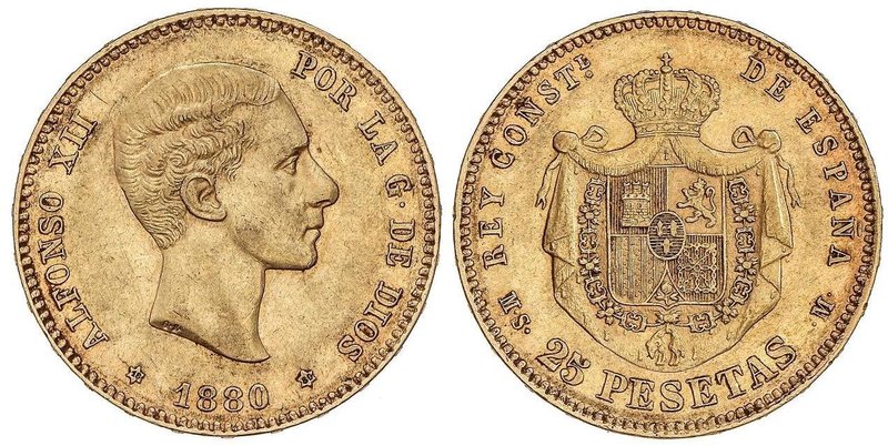 PESETA SYSTEM: ALFONSO XII
25 Pesetas. 1880 (*18-80). M.S.-M. 8,02 grs. EBC-.