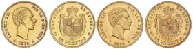 PESETA SYSTEM: ALFONSO XII
Lote 2 monedas. 1878 y 1880. 1878 (*18-78) D.E.-M. (limpiada) y 1880 (*18-80) M.S.-M. EBC- y EBC+.