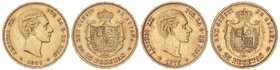 PESETA SYSTEM: ALFONSO XII
Lote 2 monedas 25 Pesetas. 1877 y 1880. 1877 (*18-77) D.E.-M. y 1880 (*18-80) M.S.-M. A EXAMINAR. MBC+.