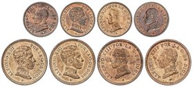 PESETA SYSTEM: ALFONSO XIII
Lote 8 monedas 1 (4) y 2 Céntimos (4). 1 Céntimo: 1906 S.L.-V., 1911 P.C.-V. (SC), 1912 y 1913 P.C.-V. 2 Céntimos 1904 S....