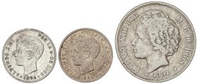 PESETA SYSTEM: ALFONSO XIII
 Lote 3 monedas 50 (2) Céntimos y 2 Pesetas . 50 Céntimos 1896 (2) estrellas visibles, uno de ellos pabellón de la oreja ...