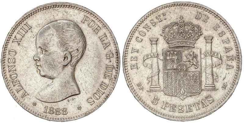 PESETA SYSTEM: ALFONSO XIII
5 Pesetas. 1888 (*18-88). M.P.-M. (Pequeños golpeci...