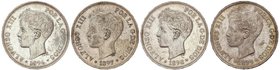 PESETA SYSTEM: ALFONSO XIII
Lote 4 monedas 5 Pesetas. 1896 (*18-96) P.G.-V., 1897 (*18-97) S.G.-V., 1898 (*18-98) S.G.-V. y 1899 (*18-99) S.G.-V. La ...