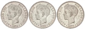 PESETA SYSTEM: ALFONSO XIII
Lote 3 monedas 5 Pesetas. 1896, 1898 y 1899. 1896 (*18-96) P.G.-V., 1898 (*18-98 S.G.-V. y 1899 (*18-99) S.G.-V. A EXAMIN...