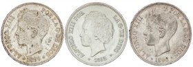 PESETA SYSTEM: ALFONSO XIII
Lote 3 monedas 5 Pesetas. 1892, 1898 y 1899. La de 1892 tipo Bucles. A EXAMINAR. EBC- a EBC+.