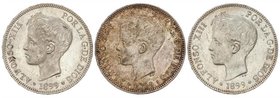 PESETA SYSTEM: ALFONSO XIII
Lote 3 monedas 5 Pesetas. 1899 (*18-99). S.G.-V. Una con bonita pátina. Restos de brillo original. A EXAMINAR. EBC- a EBC...