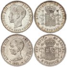 PESETA SYSTEM: ALFONSO XIII
Lote 2 monedas 5 Pesetas. 1891 y 1899. 1891 (*18-91) P.G.-M. y 1899 (*18-99) S.G.-V. MBC+ y EBC.