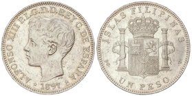 PESETA SYSTEM: ALFONSO XIII
1 Peso. 1897. MANILA. S.G.-V. (Pequeños golpecitos). (EBC).