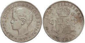 PESETA SYSTEM: ALFONSO XIII
1 Peso. 1897. MANILA. S.G.-V. (Pequeñas rayitas y pequeños golpecitos). MBC+.